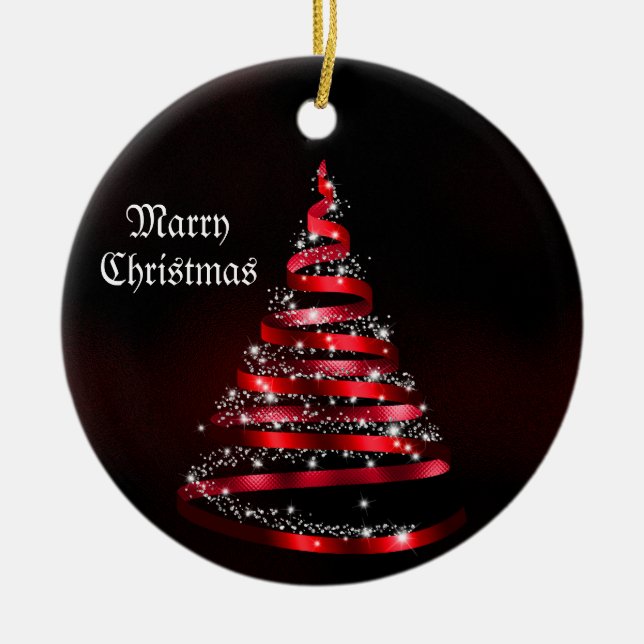 Christmas Celebration Shiny Red Ribbon Tree Ceramic Tree Decoration (Front)