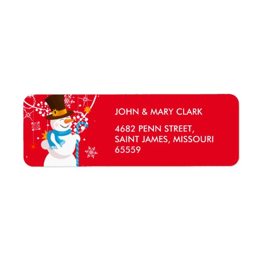 Christmas celebration. Snowman with gifts on red Return Address Label