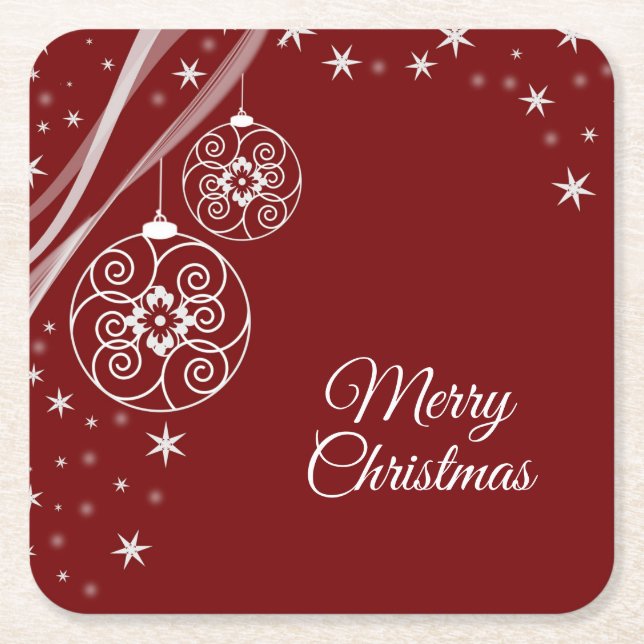 Christmas Celebration White Ornaments Stars Red Square Paper Coaster (Front)