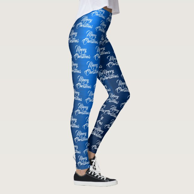 Christmas Celebration White Snowflakes Navy Blue Leggings (Right)
