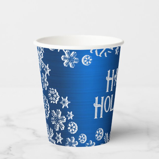 Christmas Celebration White Snowflakes Navy Blue Paper Cups (Front)
