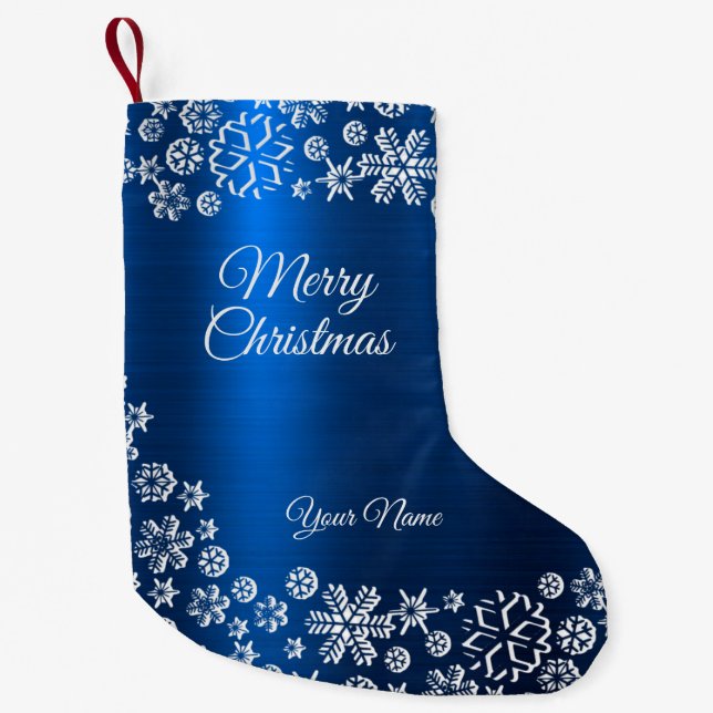 Christmas Celebration White Snowflakes Navy Blue Small Christmas Stocking (Front)