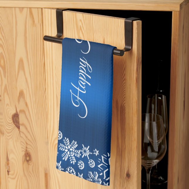 Christmas Celebration White Snowflakes Navy Blue Tea Towel (Thirds Fold)