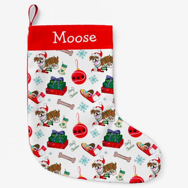 Christmas Celebration With Goofy Bulldog  Small Christmas Stocking (Front)