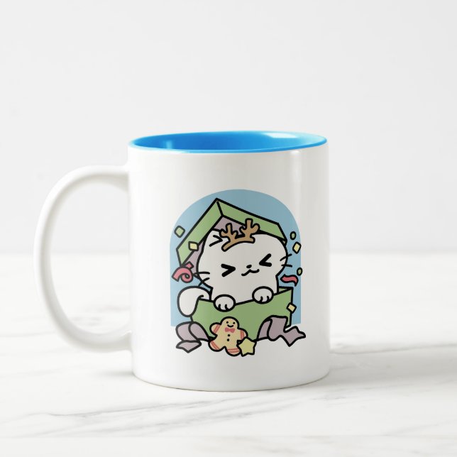 Christmas Celebration with Purr-ty Time Cat Two-Tone Coffee Mug (Left)