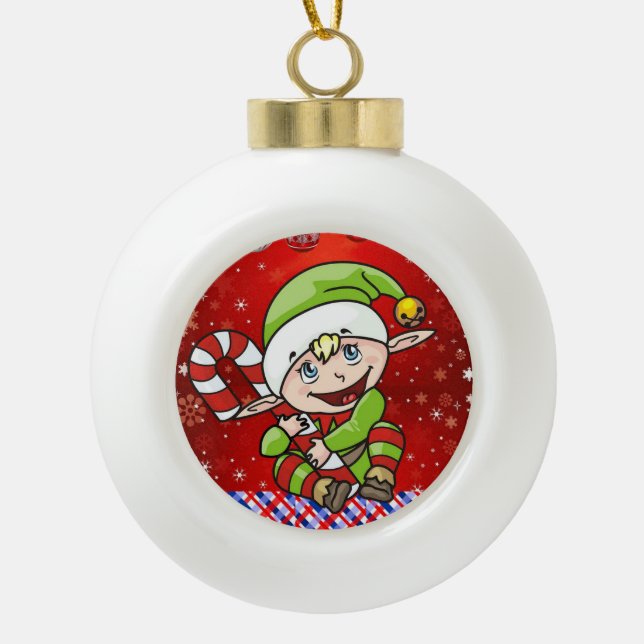 Christmas Ceramic Ball Ornament, Elf Ornament (Front)