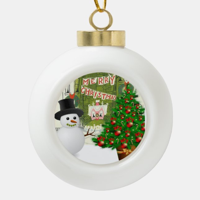 Christmas Ceramic Ball Ornament, Snowman Ceramic Ball Christmas Ornament (Front)