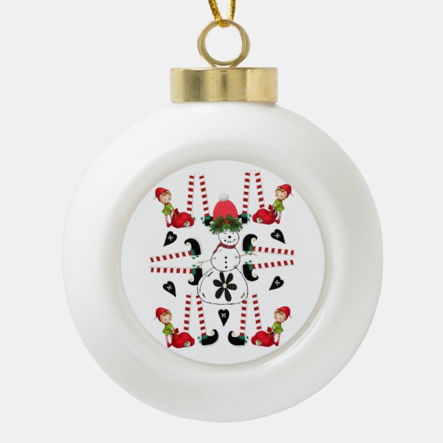 Christmas Ceramic Ball Ornament, Snowman Elf Ceramic Ball Christmas Ornament (Front)