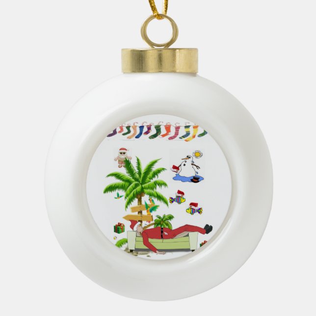 Christmas Ceramic Ball Ornament, Summer Santa Ceramic Ball Christmas Ornament (Front)