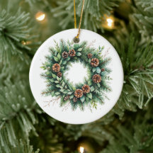 Christmas Ceramic Ornament with Pinecone Wreath