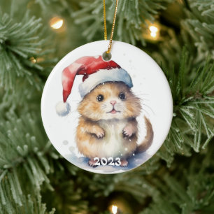 Christmas Ceramic Ornament with Watercolor Hamster