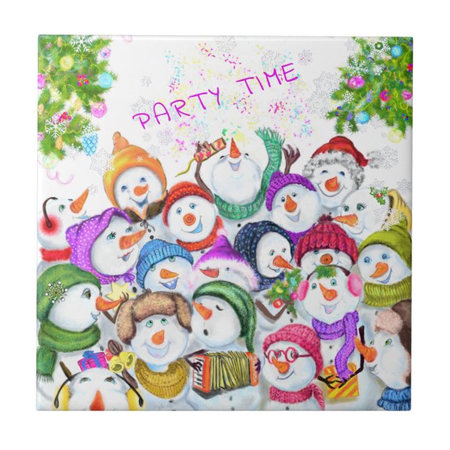 Christmas Ceramic Tile Gift Happy Snowmans Party (Front)