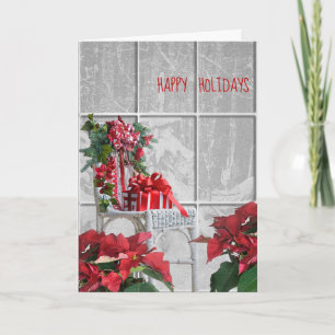Christmas chair with poinsettia in window card