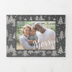 Christmas Chalkboard Handdrawn Pine Trees Photo Tri-Fold Holiday Card