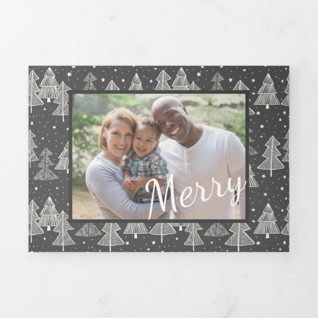 Christmas Chalkboard Handdrawn Pine Trees Photo Tri-Fold Holiday Card (Cover)