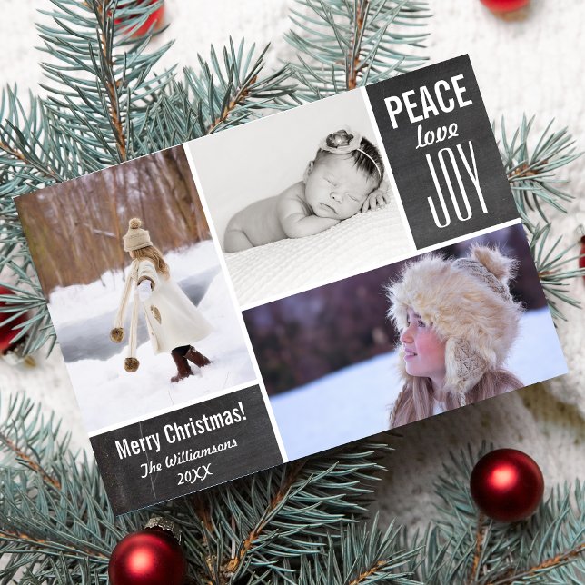 Christmas Chalkboard Peace Love Joy Photo Collage Holiday Card (Creator Uploaded)