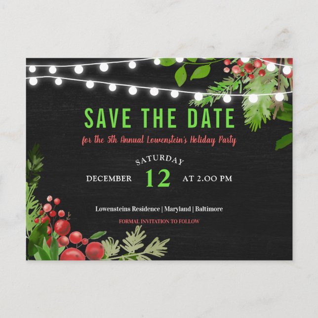 Christmas Chalkboard Save The Date Holly Leaves Announcement Postcard (Front)