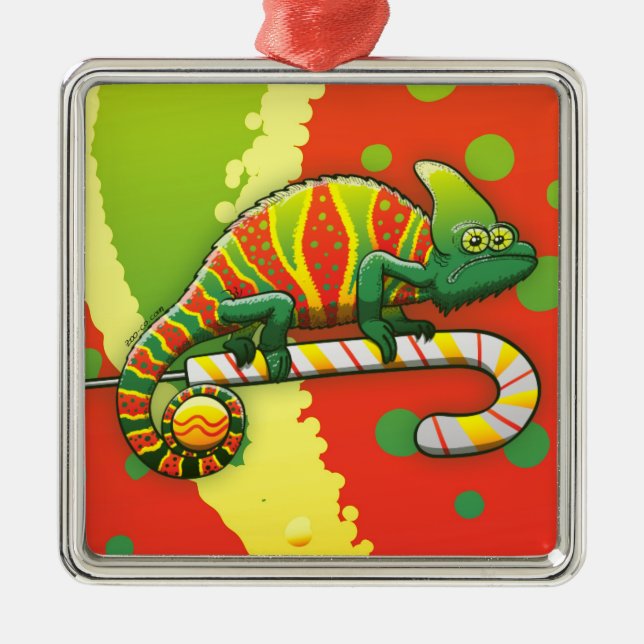 Christmas Chameleon Walking on a Candy Cane Metal Tree Decoration (Front)