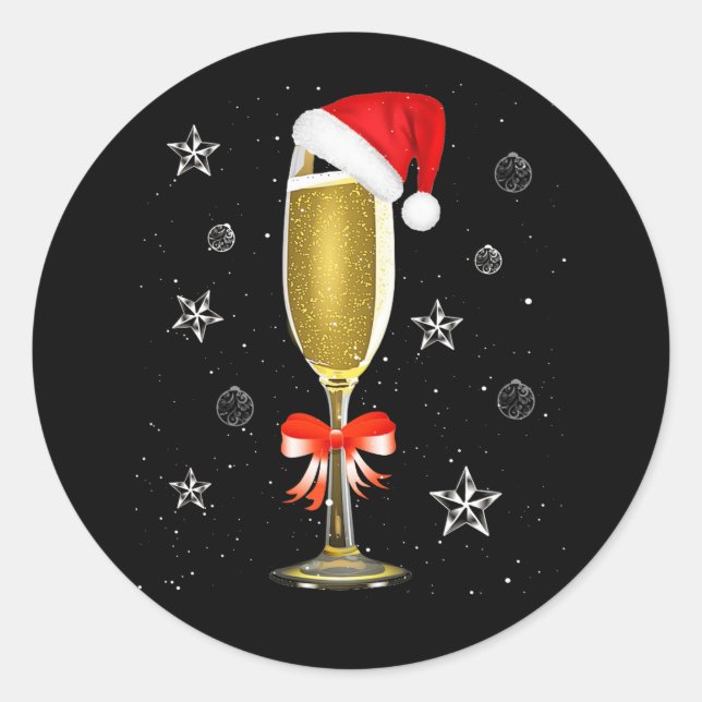 Christmas Champagne Cool Glass Santa Hat Drink Classic Round Sticker (Front)