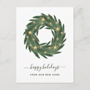 Christmas Change of Address Wreath with Gold Stars Holiday Postcard