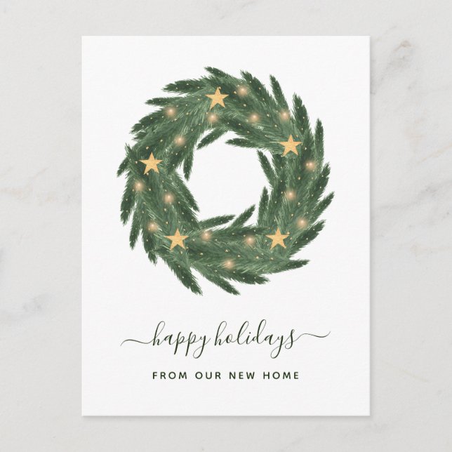 Christmas Change of Address Wreath with Gold Stars Holiday Postcard (Front)