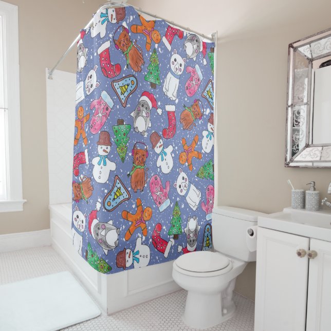 Christmas Characters Hand Painted in Watercolor Shower Curtain (In Situ)
