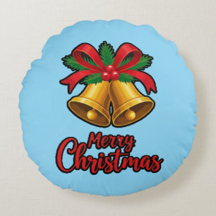 "Christmas Charm: Bows & Bells Festive Design" Round Cushion