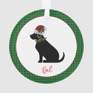 Christmas Check Green Black Lab Silhouette Name Ornament