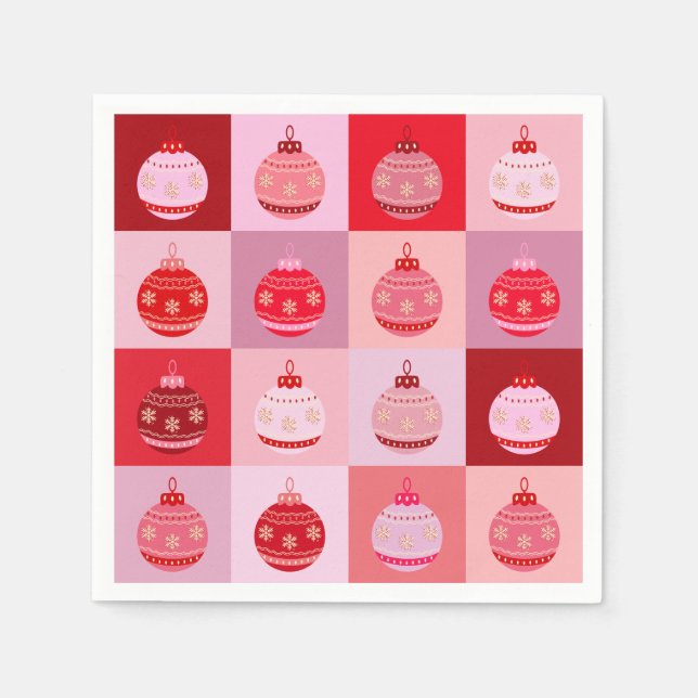 Christmas Check - Pink And Red Chequered Ornaments Napkin (Front)