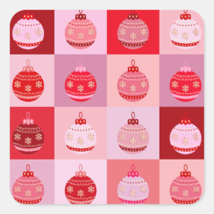 Christmas Check - Pink And Red Chequered Ornaments Square Sticker