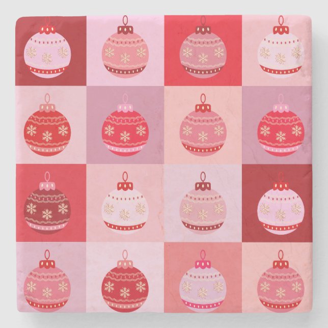 Christmas Check - Pink And Red Chequered Ornaments Stone Coaster (Front)