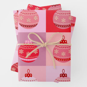 Christmas Check - Pink And Red Chequered Ornaments Wrapping Paper Sheet