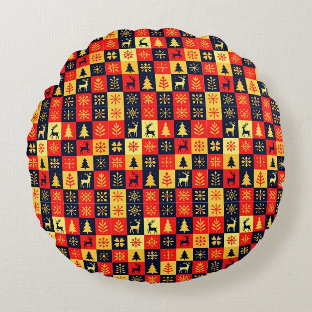 Christmas Checkerboard Pattern – Red & Yellow Tree Round Cushion (Front)