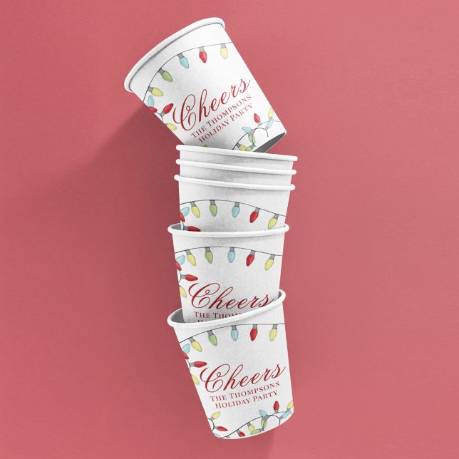 Christmas Cheer Calligraphy Script Custom Paper Cups (Cheers Christmas String Lights Calligraphy Script Paper Cup.)