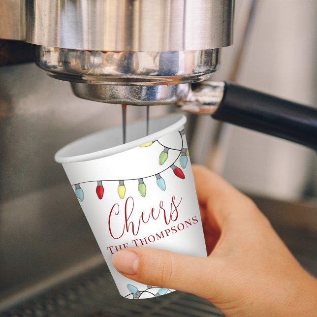 Christmas Cheer Calligraphy Script Custom Paper Cups (Christmas holiday lights whimsical colorful paper cups)