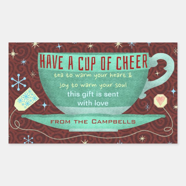 Christmas Cheer Cute Teacup Custom Holiday Rectangular Sticker (Front)