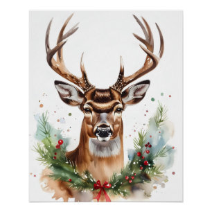 Christmas Cheer Deer Watercolor Digital Art Poster