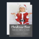 Christmas Cheer Holiday Photo Chalkboard Lettering<br><div class="desc">Christmas cheer cards black and white chalkboard lettering Holiday photo cards, with festive red and white stripes background (back) and handwritten capital letters. Chalkboard holiday photo card, by red_dress, featuring one photo, a dotted line divider and the white text "Christmas cheer from our family to yours", against a black chalk...</div>