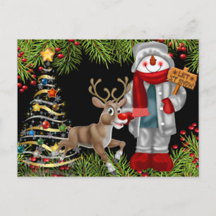 christmas cheer snowman reindeer scene postcard 2