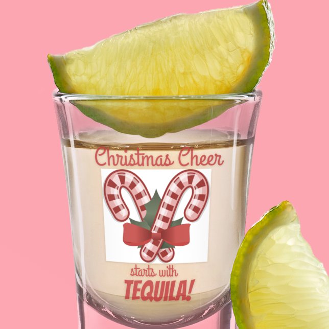 Christmas Cheer Starts With Tequila Funny Holiday Shot Glass (Christmas cheer starts with Tequila! A festive candy cane shot glass.)