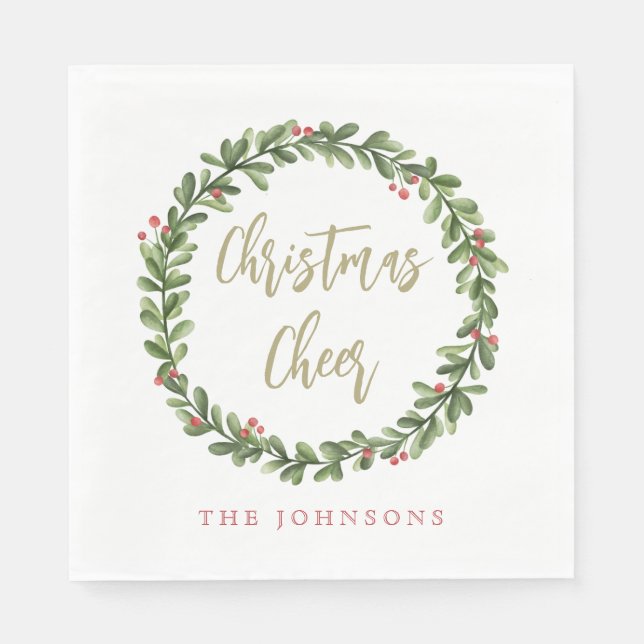 Christmas Cheer Wreath Gold Script Personalized Napkin (Front)