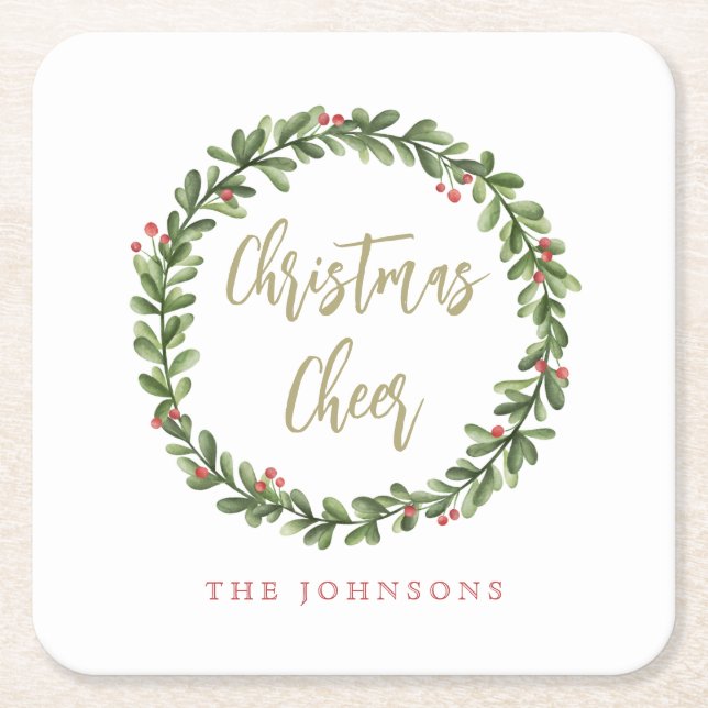 Christmas Cheer Wreath Gold Script Personalized Square Paper Coaster (Front)