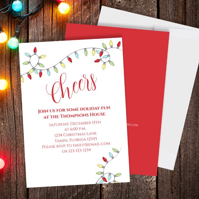 Christmas Cheers Colourful String Lights QR Code  Invitation (Christmas cute whimsical fun Cheers holiday party invitation. )