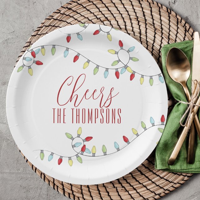 Christmas Cheers Cute Colourful String Light Paper Plate (Cheers to a Merry Christmas Party, with cute whimsical paper plates. )