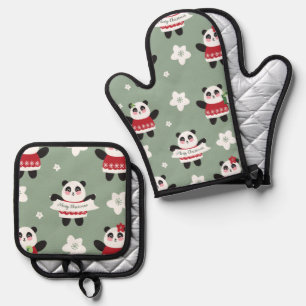Christmas Cherry Blossom Panda Oven Mitt & Pot Holder Set