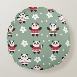 Christmas Cherry Blossom Panda Round Cushion