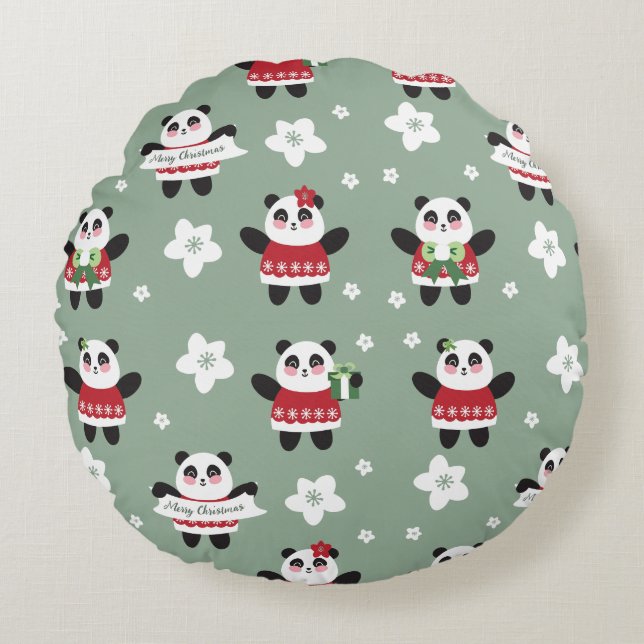 Christmas Cherry Blossom Panda Round Cushion (Front)