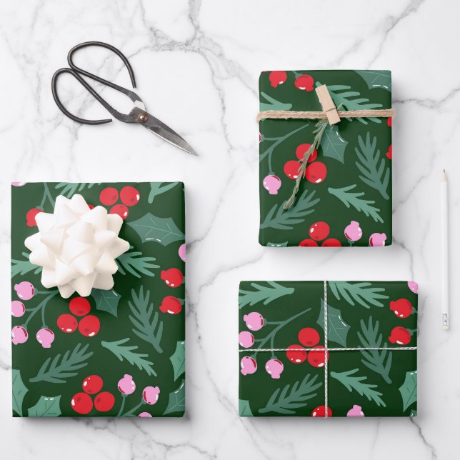 Christmas cherry seamless pattern wrapping paper sheet (Front)