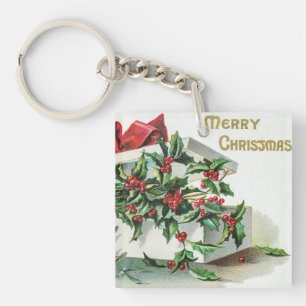 Christmas cherry vintage art with wishes key ring