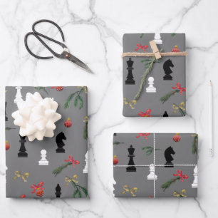 Christmas Chess Pieces Game Pattern Grey Wrapping Paper Sheet